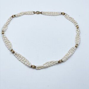 Vintage Freshwater Rice Pearl Triple Multi Strand Gold Tone Bead Necklace 27" L